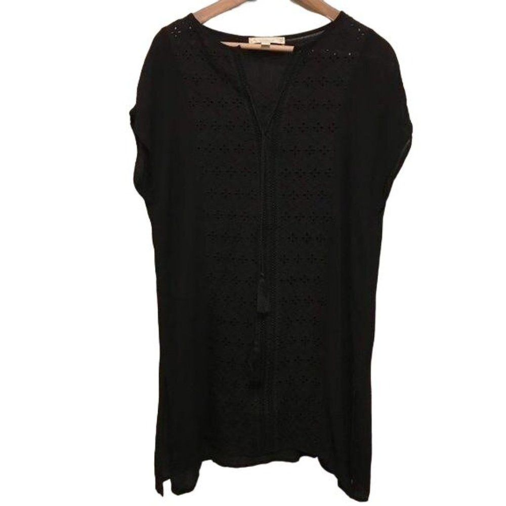 Weekend Suzanne Betro Black Tunic w/Eyelet Short Sleeve Tie Tassel Size Small